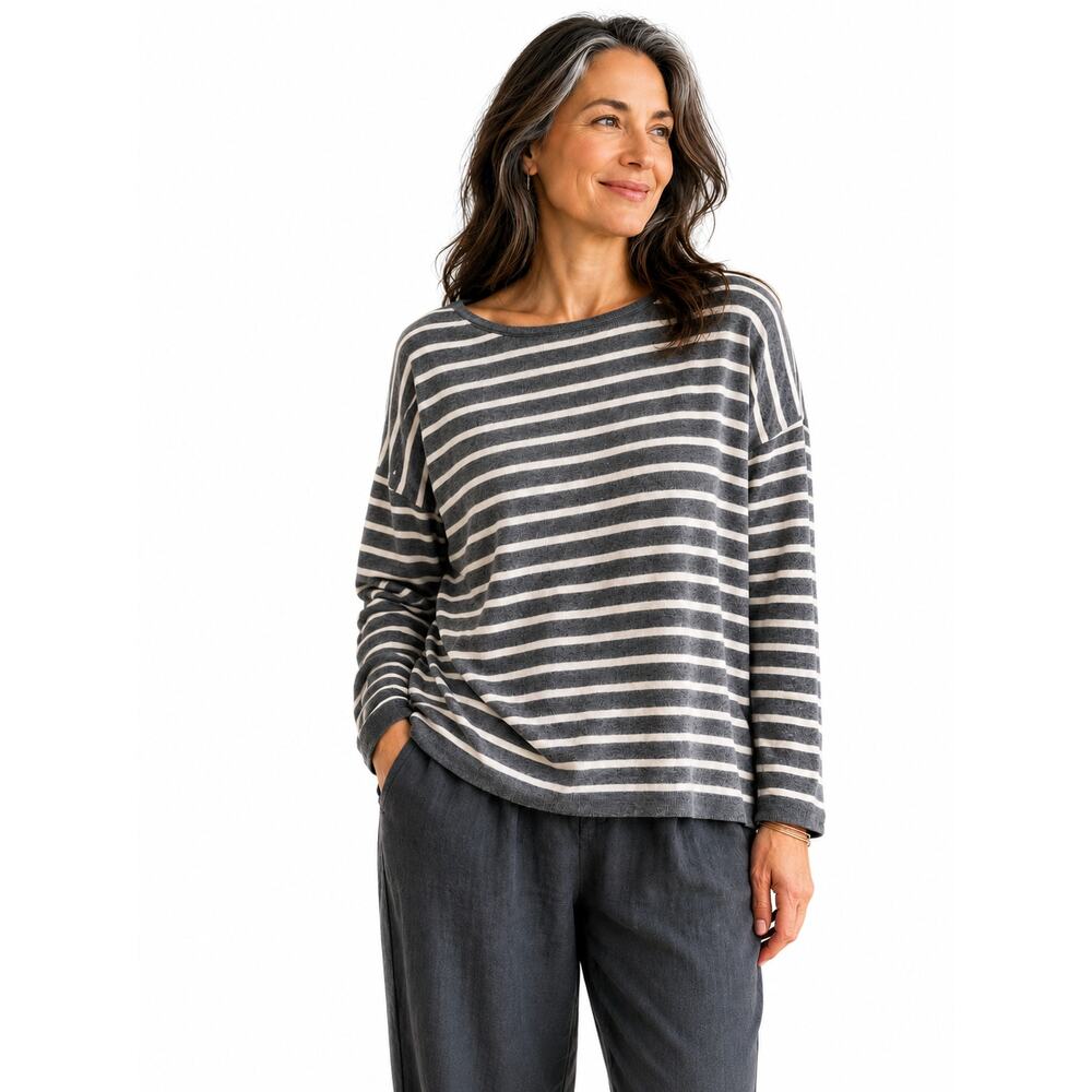 Eileen Fisher Knit Long Sleeve Top Charcoal Gray Womens Size Large